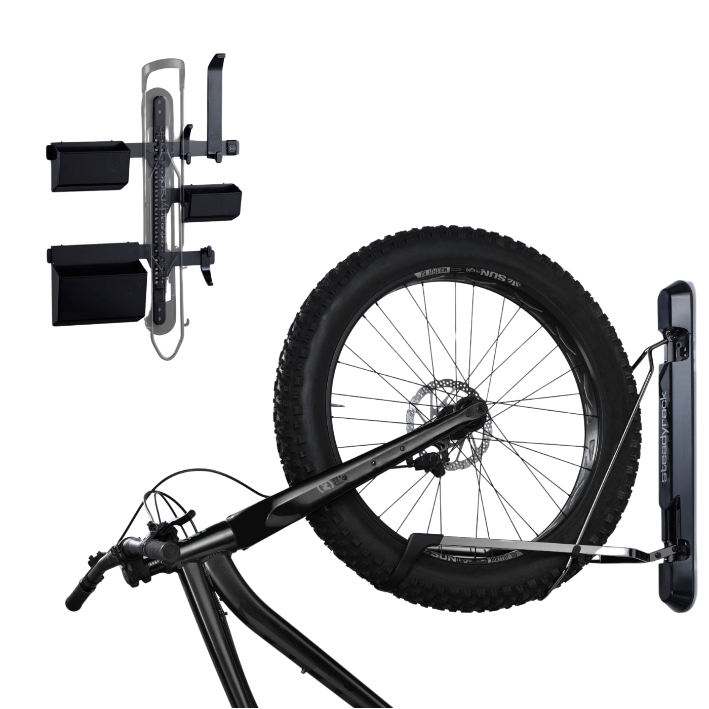 Bicycle mounted on a wall rack with a smaller image of the rack and storage system.
