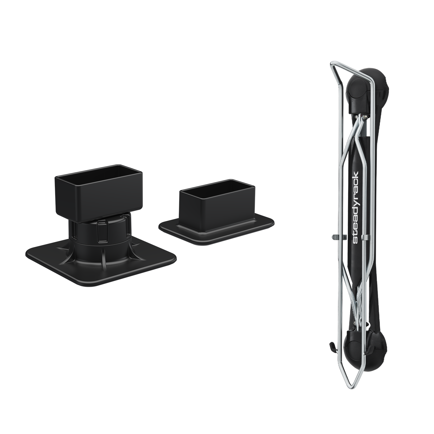 Black bike rack system with mounting brackets on a white background