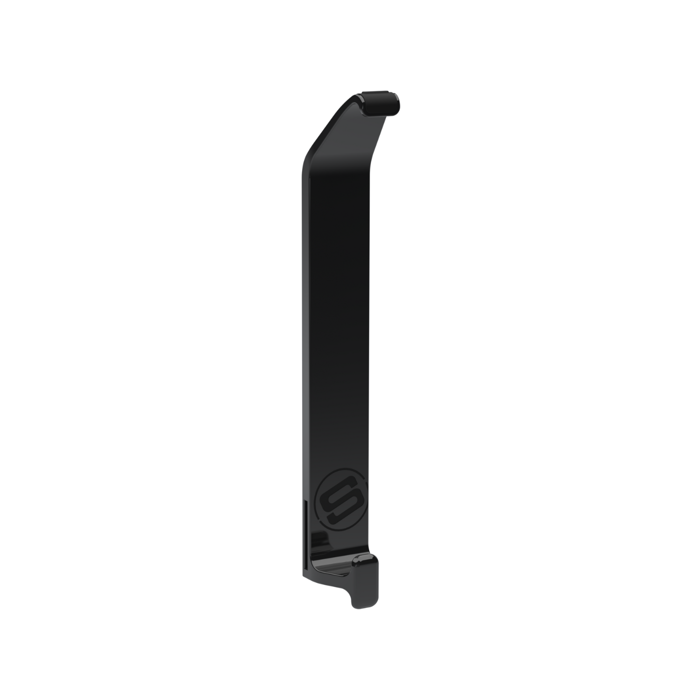 Black helmet hook on a white background. 