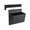 A black GearMate SteadyBin Large and a bracket for attaching it to a bike frame.