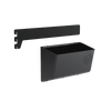 A black GearMate SteadyBin Medium and a bracket for attaching it to a bike frame.