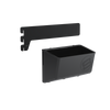 A black GearMate SteadyBin Small and a bracket for attaching it to a bike frame.